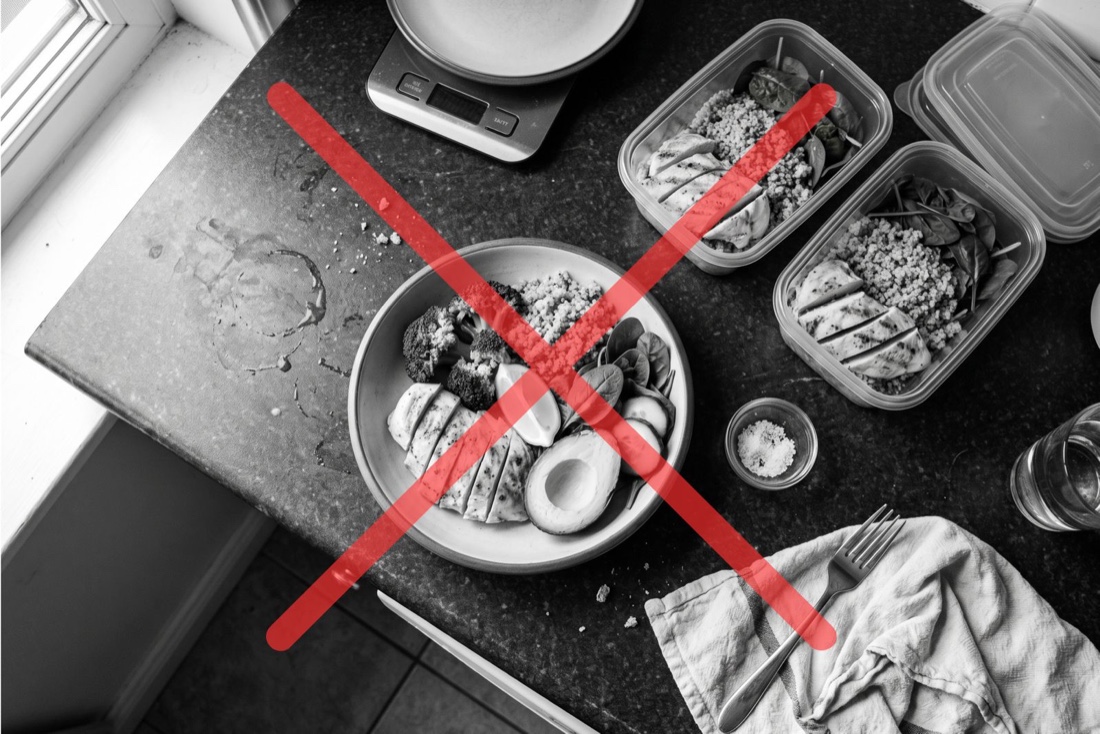 Meal-prepped healthy food crossed out in red — clean eating did not fix lymphatic drainage