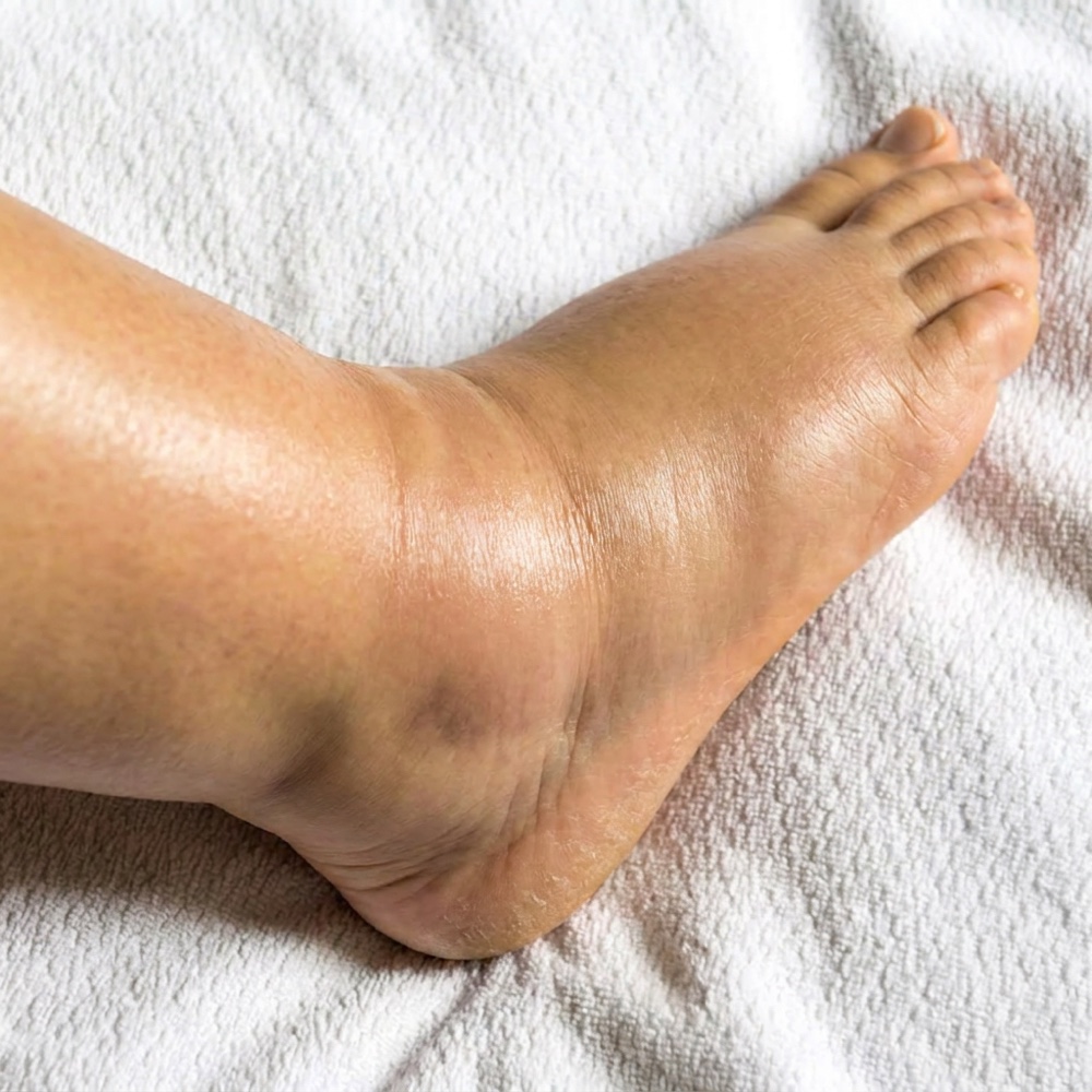 A swollen ankle resting on a white towel