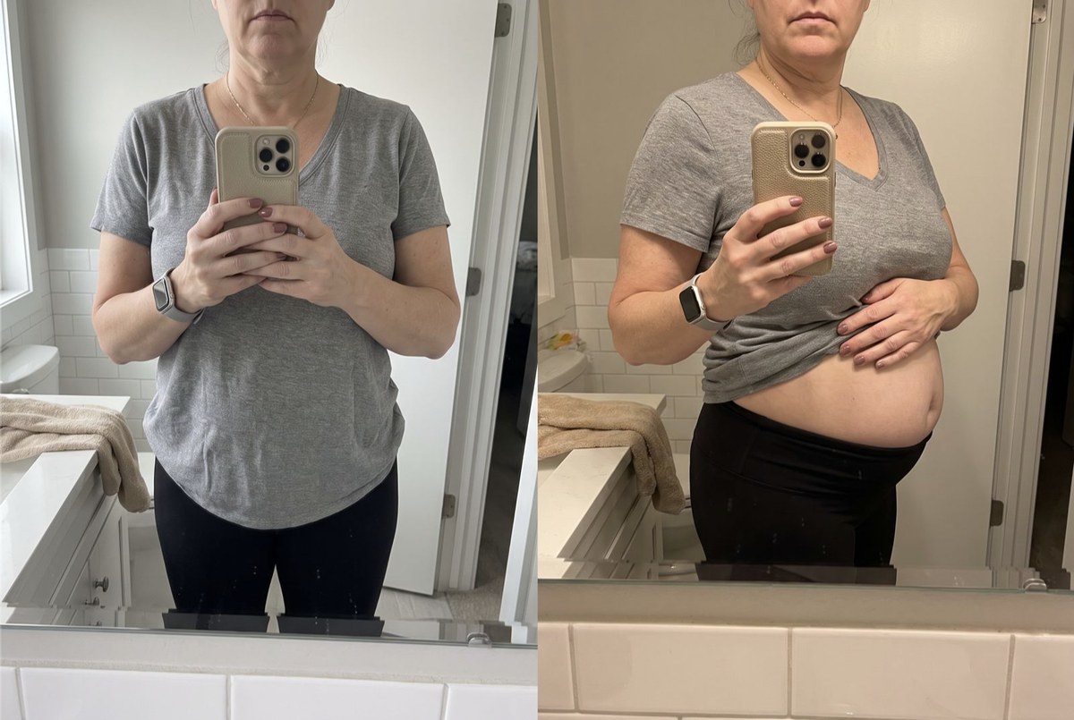 Side-by-side mirror selfies: a flat stomach in the morning and a visibly bloated stomach by evening